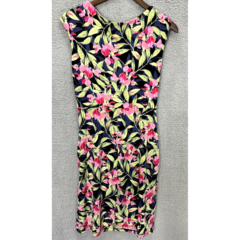 Connected Apparel Sheath Dress Women 10 Pink Floral Ruched Faux Wrap Knee Length - Picture 7 of 7